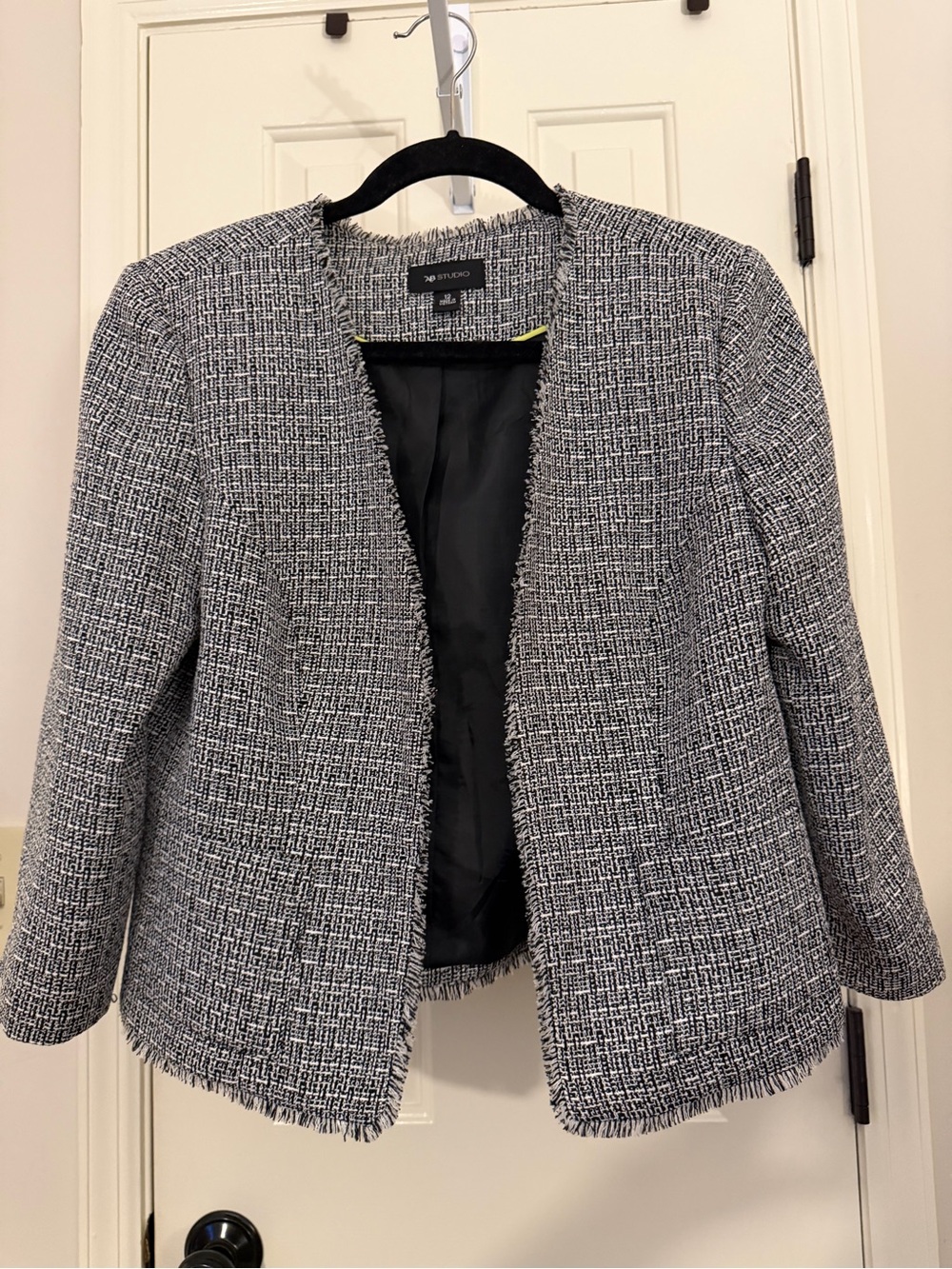 AB Studio Black & White Tweed Collarless Fringe-Trim Blazer